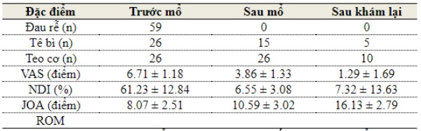 Bảng 2. Đặc điểm lâm sàng, các chỉ số trước và sau mổ